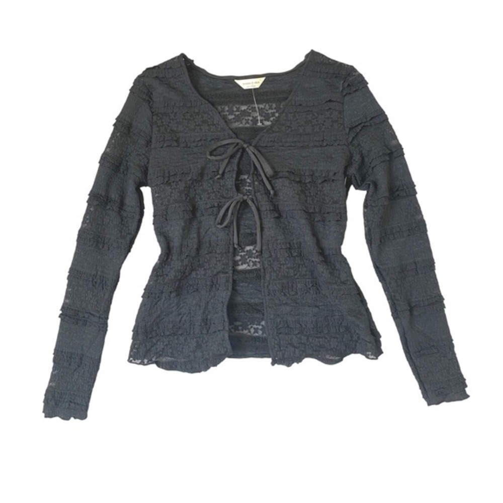 Whimsigoth Sheer Ruffle Lace Tie-Front Top Women S Black Coquette Balletcore NWT